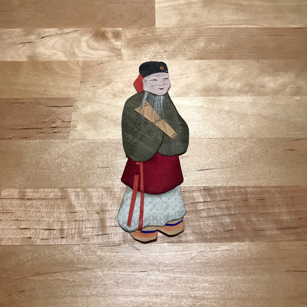 Antique 19th Century Chinese Elder Man Silk & Paper Miniature Doll 6in. x 2in.